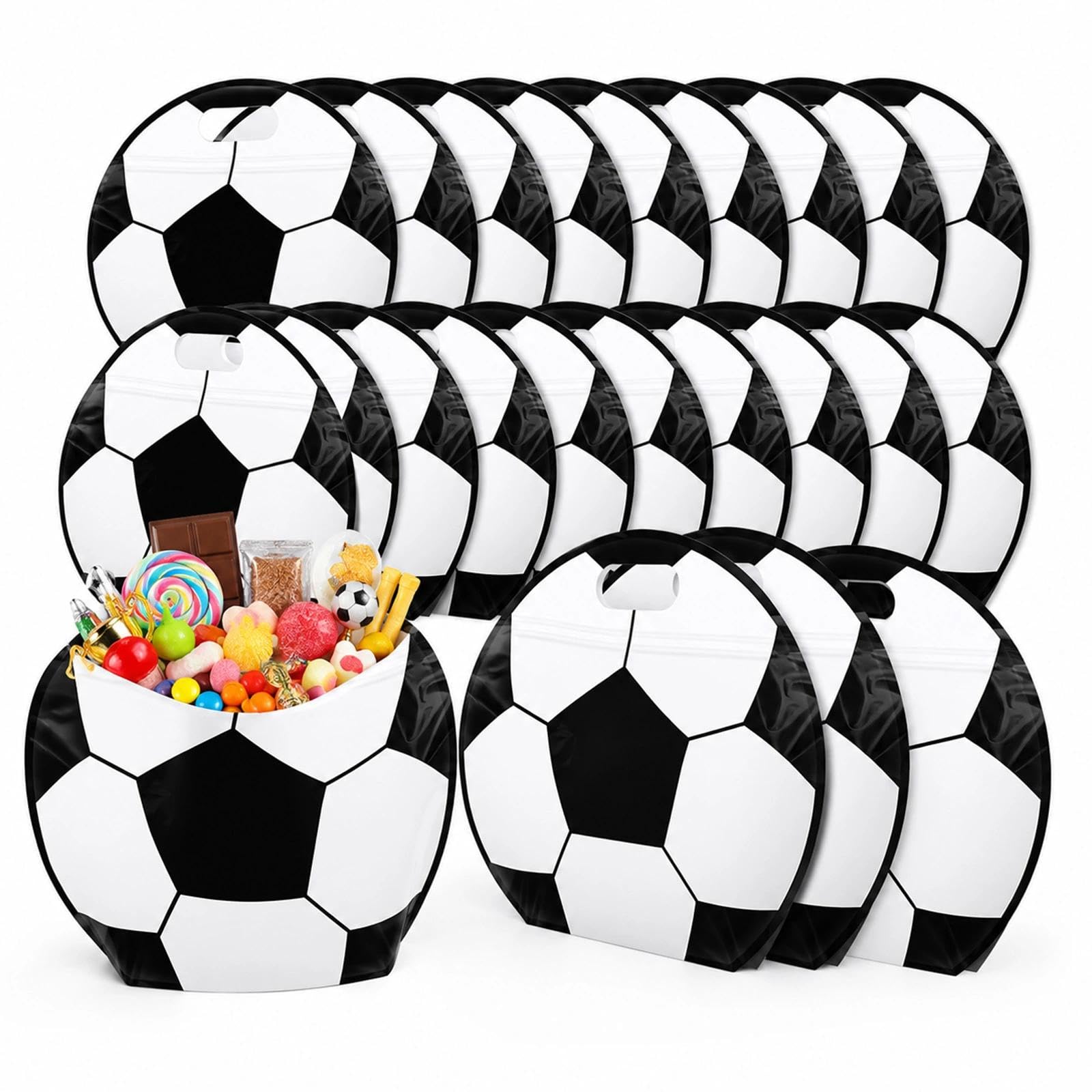 20 Pcs Football Party Bags Round, Football Goodie Bags Round-Ball, Stand-Up Snack Pouch with Handle, Soccer Plastic Gift Bag for Kids Birthday, Match Day Game Day Fans Boys Guests