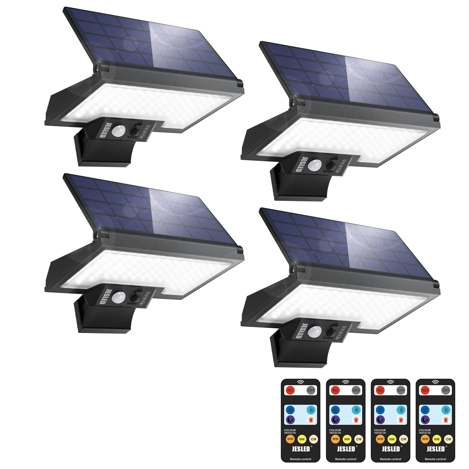 JESLED Solarlampen für Außen mit Bewegungsmelder, 108LEDs 3CCT Drehbare Solar Aussenleuchte, 4 Modi Solarleuchten Für Außen, IP65 Wasserdichte Wandlampe für Garten Hof Garage （4P） | Drehbare Solar Aussenleuchte 4 Modi Solarleuchten Für Außen, IP65 Wasserd