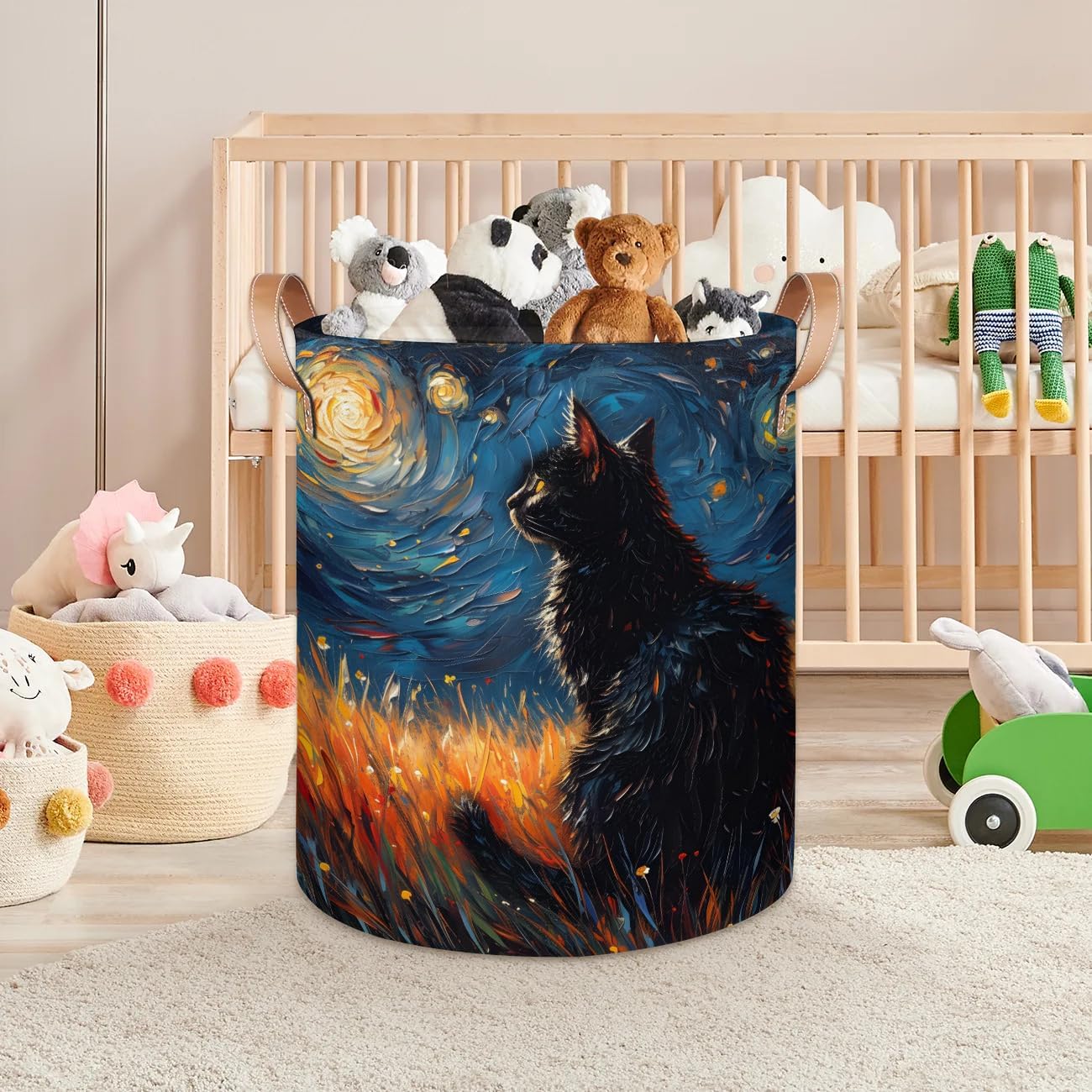 Night Black Cat Laundry Basket Waterproof Laundry Hamper with Handles Decorative Storage Basket Dirty Clothes Hamper for Bathroom Bedroom