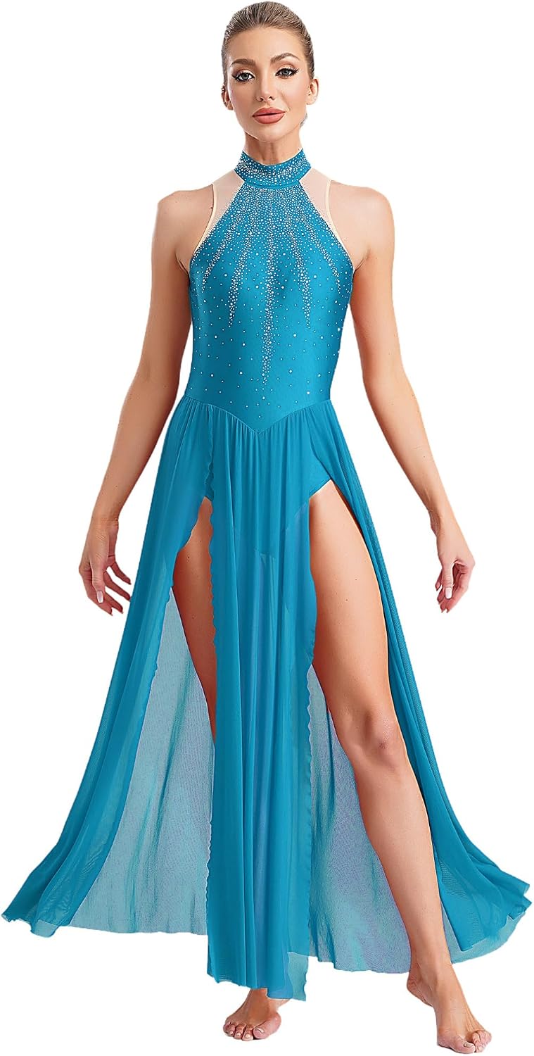 JEATHA Women's Adult Sequins Ballet Contemporary Dance Dress Flowy Split Skirt Lyrical Leotard Costume