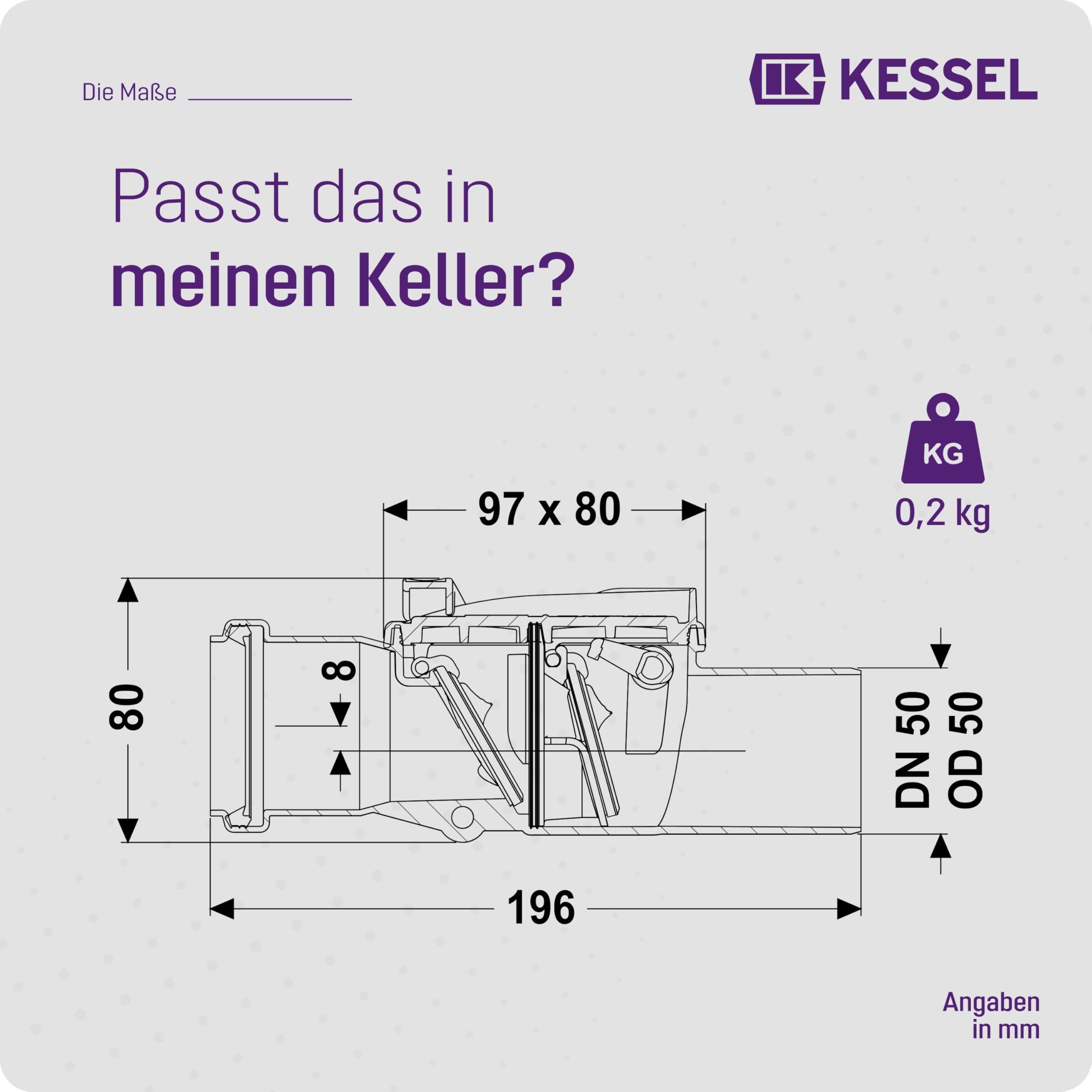 KESSEL Staufix DN 50 Rückstauverschluss Typ 2, mechanisch, Artikel 73050 | Kompakte mechanische Rückstausicherung für fäkalienfreies Abwasser, korrosionsfrei, für Sanierung EN 13564