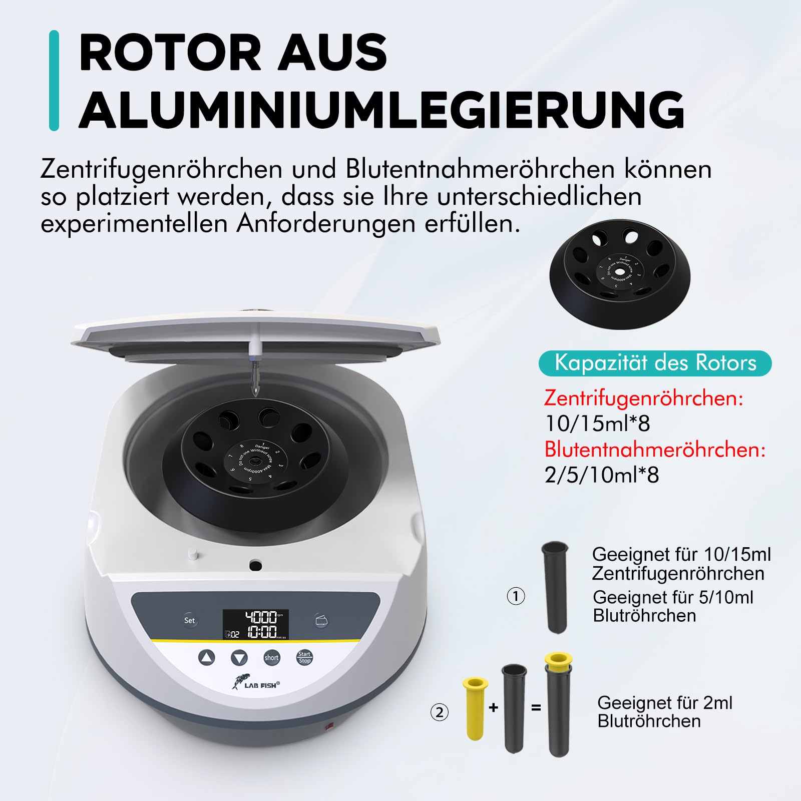 LAB FISH Labor Zentrifuge für 2ml 5ml 10ml 15ml Röhrchen, 500-5000 U/min Niedrigtourig, Max. 3074xg, 8-fach Rotor, Ideal für PRP/PRF