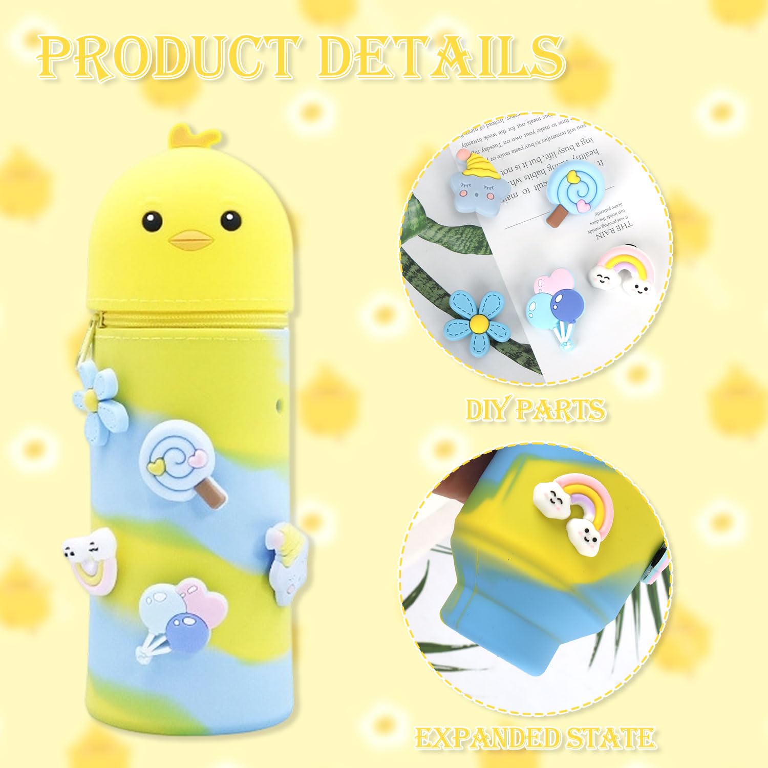 MOTIBACK Silicone Telescopic Pencil Case with Animal Design - Cute Chick 2-in-1 School Pen Holder, Decorative Buckle with Perforations Stand Up Pencil Case for School, OfficeYellow Blue - Image 3