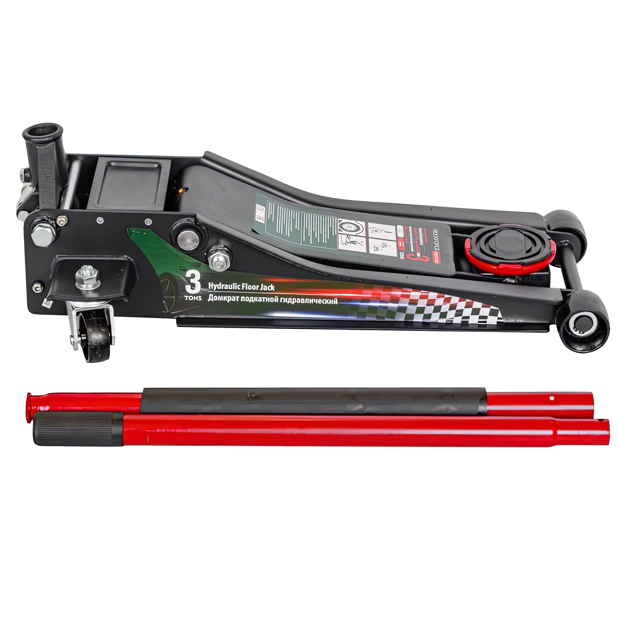 ROCKFORCE Hydraulic Double Piston Lift Jack 3t Low Profile with Rubberized Handle Plate (h min 75 mm, h max 510 mm)