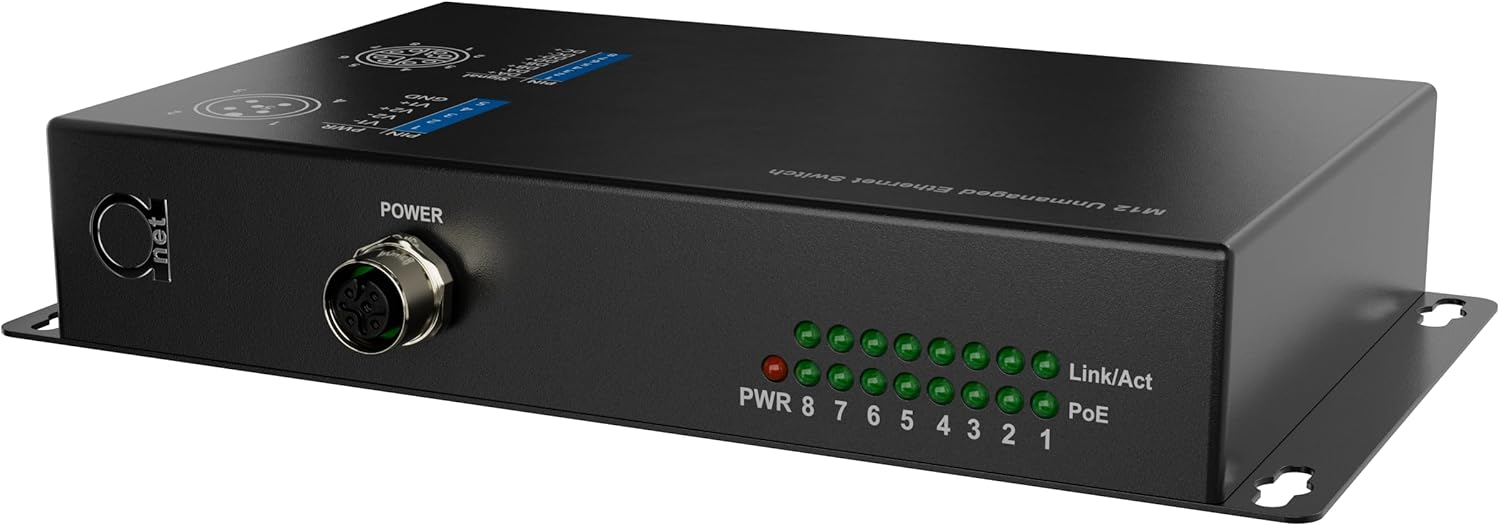 M12 Industrial Ethernet PoE Switch, 8-Port Gigabit M12 X-Coded Unmanaged Network Switch, Dual Power Input V1/V2 12–57V DC, IEEE 802.3af/at PoE, Rail & Vehicle Applications