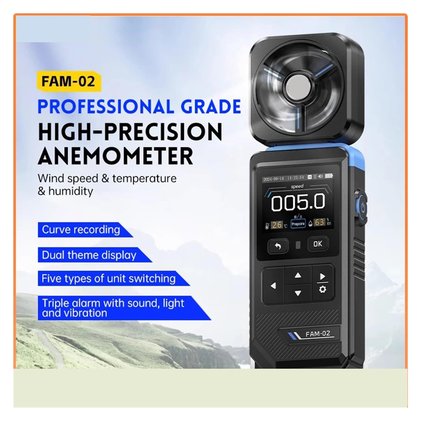 Anemometry, Trzy w jednym przyrząd do pomiaru prędkości wiatru, przenośny, profesjonalny anemometr, anemometr, temperatura