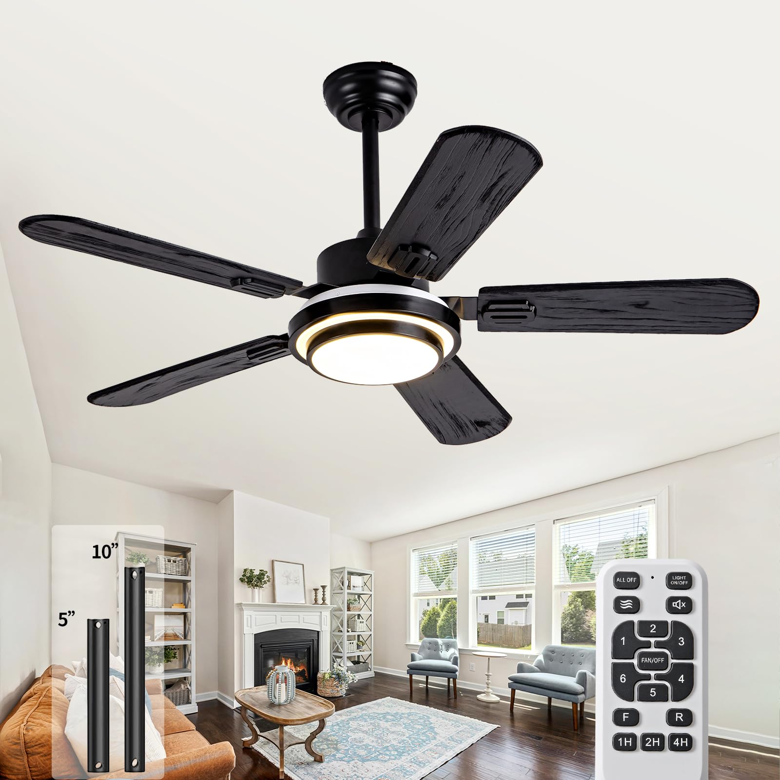 42 Inch Black Ceiling Fans with Lights Remote Control,5 Blades Wood Noiseless Modern Ceiling Fans for Indoor,Outdoor,Bedroom,Living Room,Office,Farmhouse