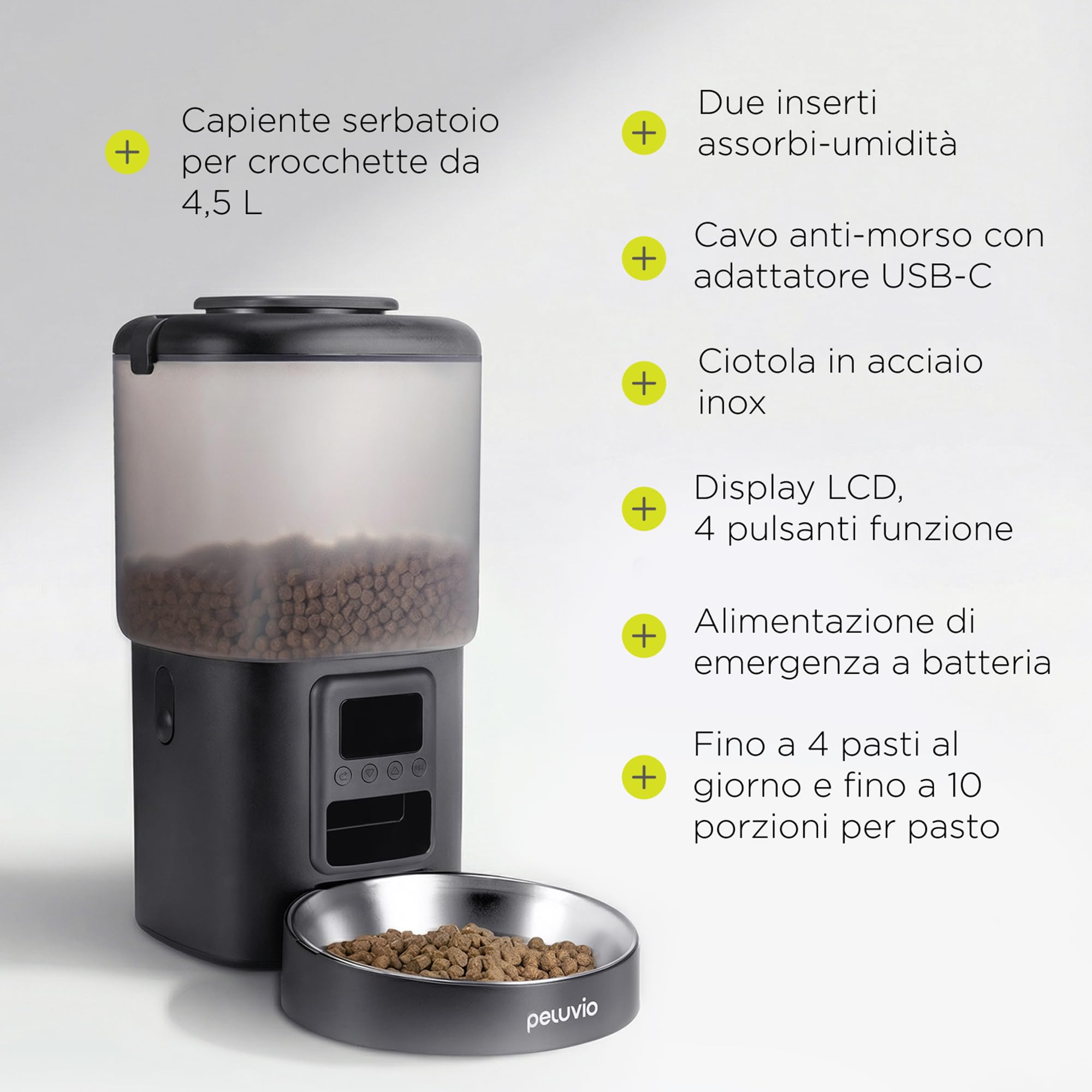 CRISPY Distributore Automatico Cibo 4,5L per Cani e Gatti con Porzioni Programmabile, Timer e Display LCD, Ciotola Acciaio, USB-C, Dispenser Crocchette e Acqua per Animali Domestici (Nero)