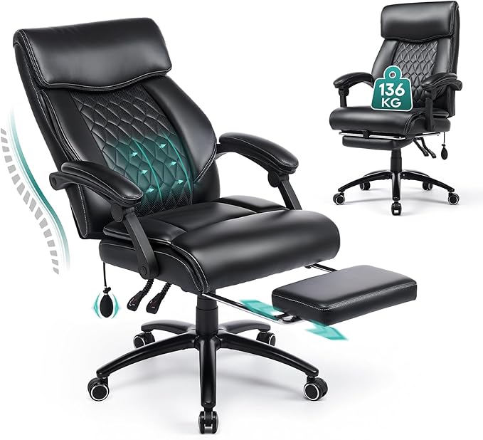 COLAMY Ergonomic Executive Chair with Footrest, Inflatable Lumbar Support, 117° Tilt Function, Padded Folding Arms, PU Leather Office Chair for Home Office & Office, Black