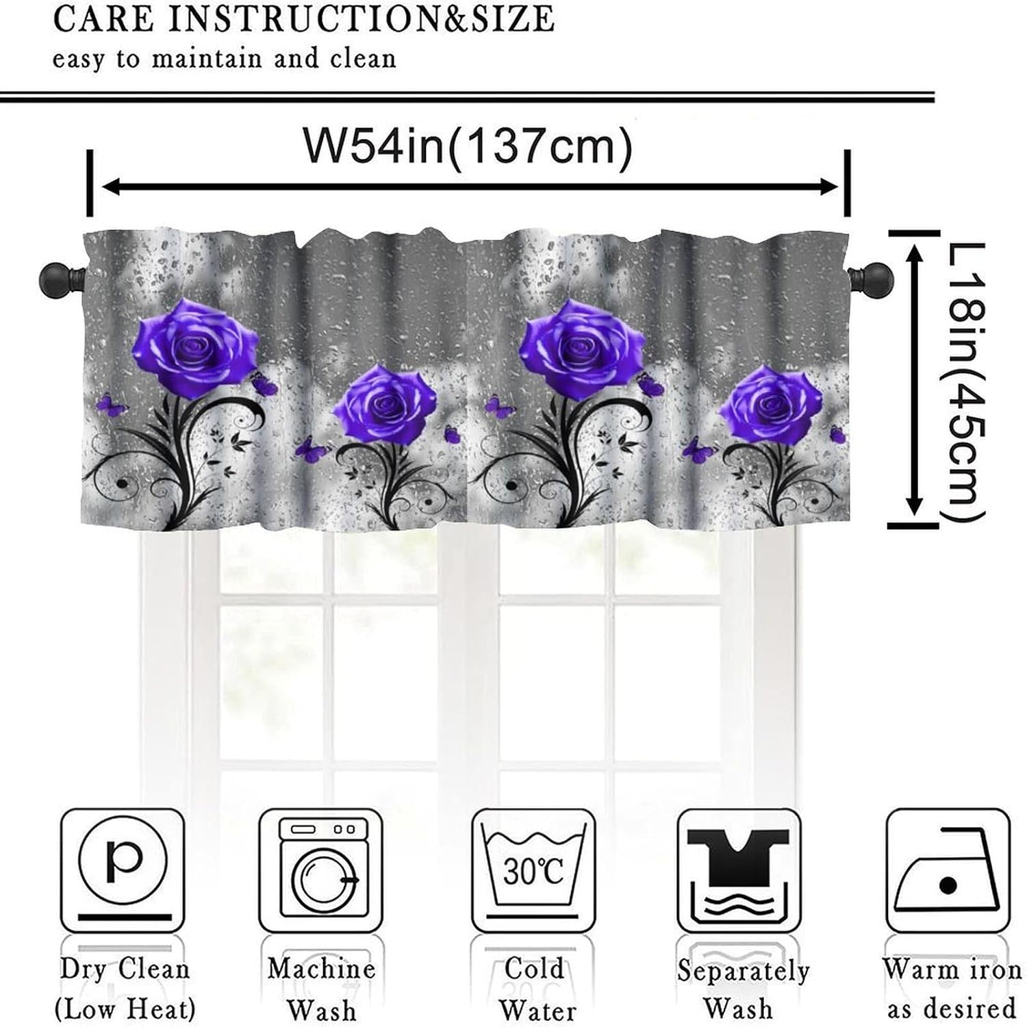 Purple Rose Valance Curtain Retro Gray Raindrops Misty Glass Abstract Art Butterfly Plant Flower Valances Window Treatment for Kitchen Girls Bedroom Living Room 54x18In