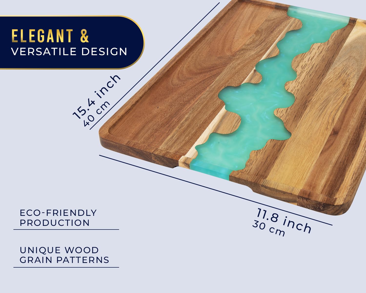 Plateau en bois d'acacia avec accents en résine bleue, 40,6 cm – Plateau de service décoratif pour petit déjeuner au lit, déjeuner, dîner, collations, patio, ottoman, table basse, centre de table –