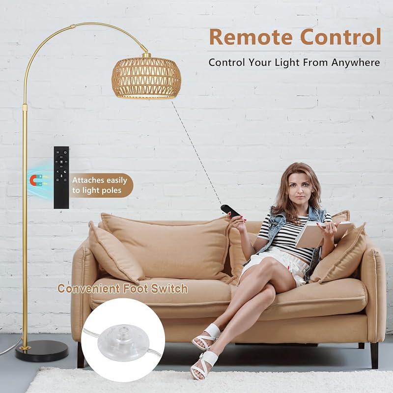 Rayofly Arany Ívelt Állólámpa Rattan Lámpaernyővel - Modern Boho Padlólámpa Távirányítóval, LED Izzóval, Alkalmazásvezérléssel, Fényerőszabá