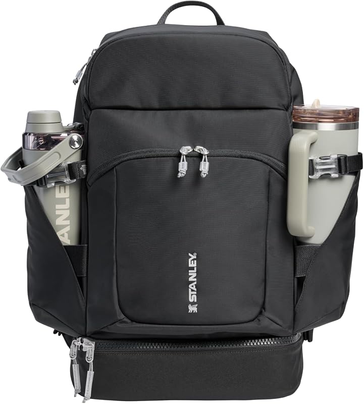 STANLEY Vitalize Backpack | Gym, Work & Travel Bag with Laptop Sleeve | Expandable Bottom Compartment | Tumbler & Water Bottle Pockets | Durable Recycled Fabric | Black