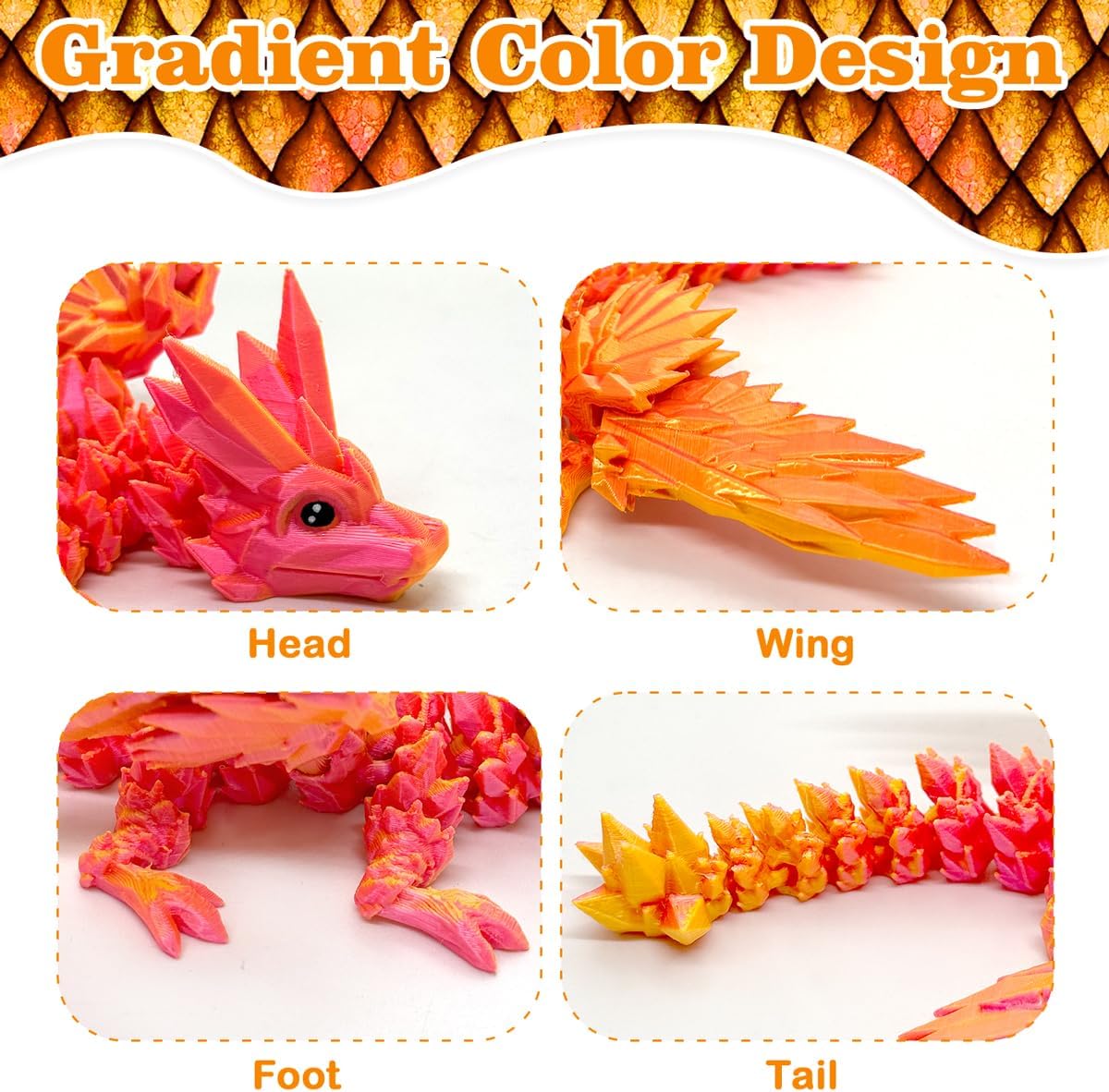 3D Printed Dragon with Wings Articulated Desk Decorations Toys, MINI 3-d Printed Flying Dragons Crystal Cute Fidget Office Gifts, Gradient Orange