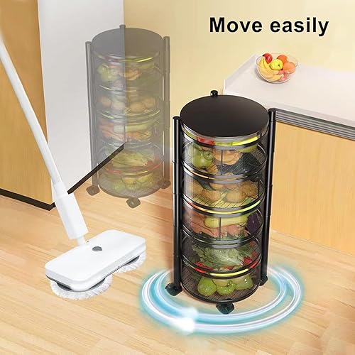 Miniatura 8 de Cesta de frutas para cocina, carrito de almacenamiento de cocina, cesta giratoria circular de 5 niveles, estante de almacenamiento grande con ruedas