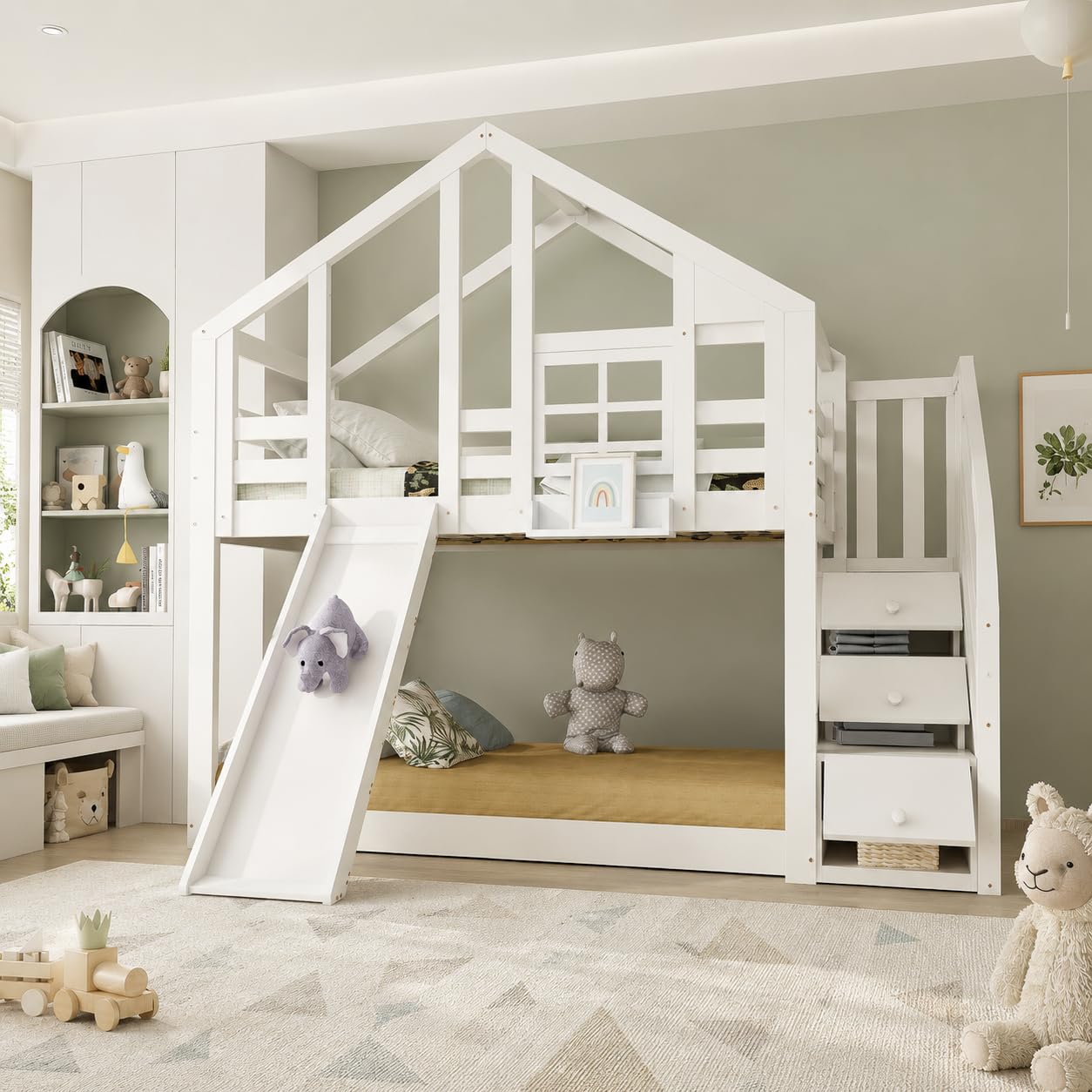 Merax Etagenbett für 2 Kinder 90x200cm, Hochbett Hausbett mit Rutsche & Stauraumtreppe & Fenstern, Kinderbett mit Rausfallschutz & 2 Lattenrost, Stockbett Holzbett Jugendbett für Kinderzimmer, Weiß