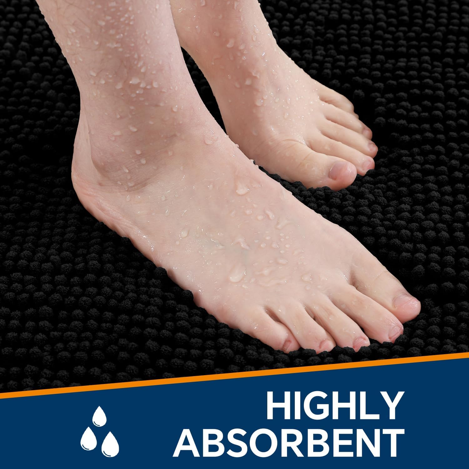 Black Bathroom Rugs 17"x24" - Plush Chenille Non-Slip Bath Mat - Absorbent, Washable, Soft and Thick Decor for Shower, Sink, Kitchen, Tub, Home Accessories - Image 4