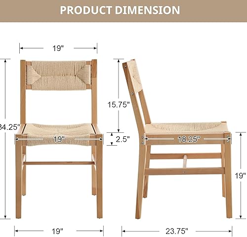 Miniatura 2 de Juego de 2 sillas de comedor de ratán de madera, con respaldo y asiento de mimbre de algas marinas, silla bohemia de caña de granja, patas naturales