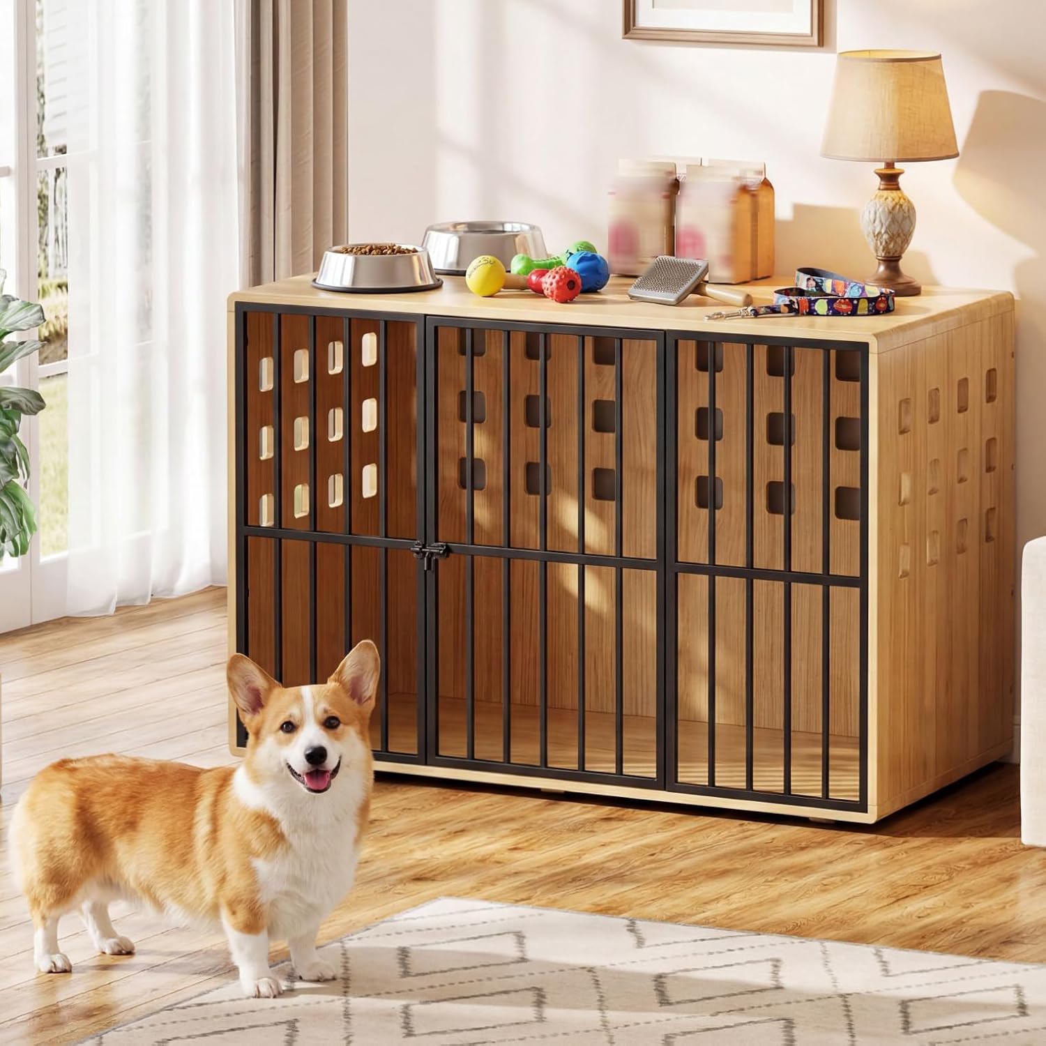 Solid Wood Extra Large Dog Crate Furniture for Medium & Large, 47.2 Inches Wooden Dog Crates, Lockable Decorative Kennel Indoor, Heavy Duty Pet Crate Side Tbale for Living Room, Natural