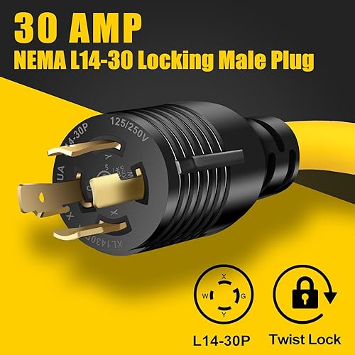 Miniatura 2 de Cable adaptador de generador RV de 4 clavijas y 30 amperios con mango de agarre, bloqueo giratorio L14-30P macho a hembra 14-50R, STW resistente 10