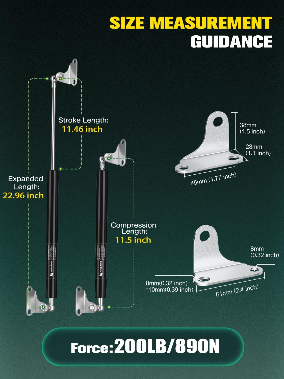 HelloAuto 23 inch 200 lbs/890 N Gas Struts with L-Type Mounts, Gas Shocks for Heavy Duty Lid, RV Bed Door Murphy Bed Floor Hatch Door Basement Floor Door, Set of 2(fit 160-220 Lb)