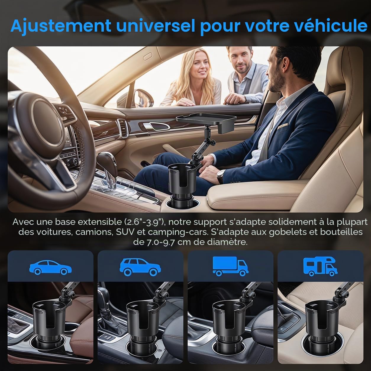 Plateau d'Extension de Porte-Gobelet pour Voiture | Antidérapant et multifonctionnel, plateau repas amovible, idéal pour les repas et voyages en voiture