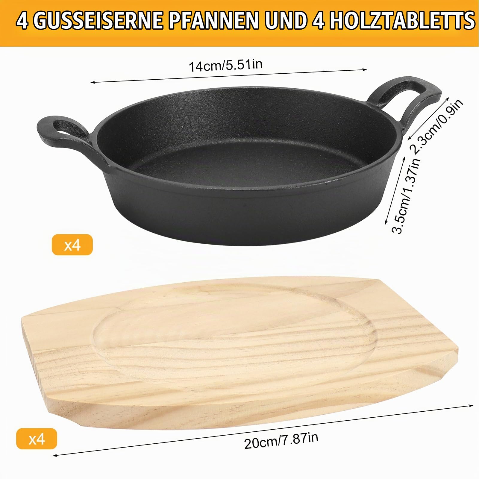 4er-Set Klein Gusseisen-Servierschalen, 14 cm Grillpfännchen mit Holzbrett