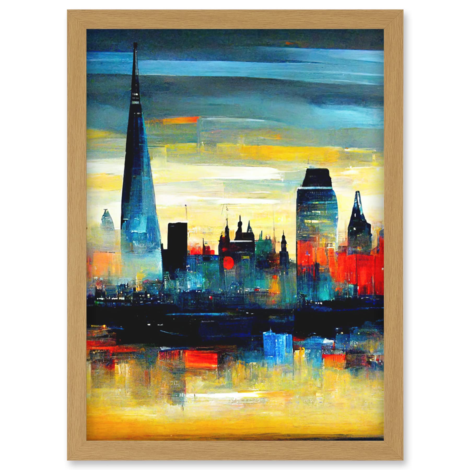 Doppelganger33 LTD London Skyline Reflecting On River Thames Modern Oil Paint Artwork Framed Wall Art Print A4
