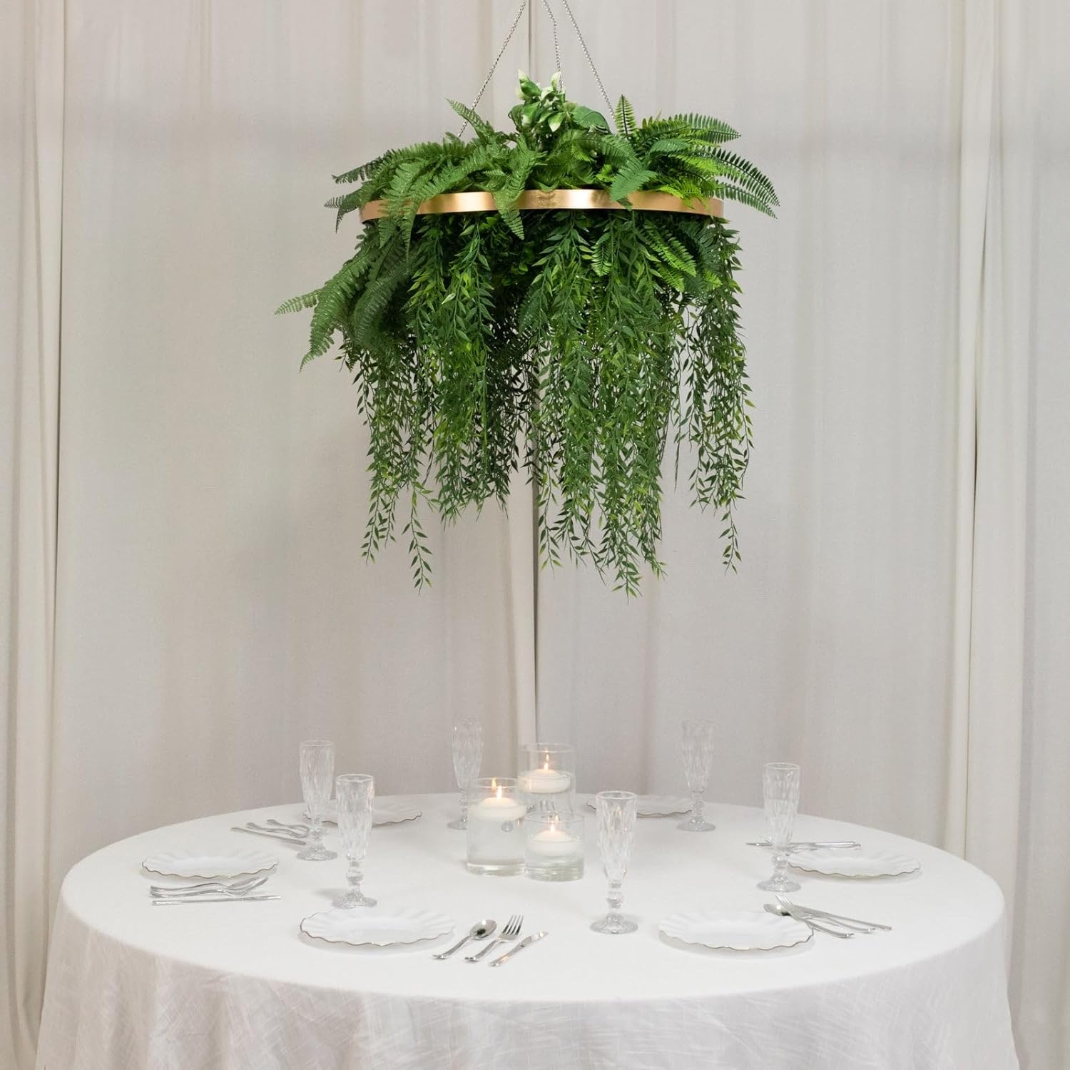 Efavormart 42-Inch Long Hanging Faux Fern Greenery Chandelier with 24-Inch Gold Hoop Ring, Lush Ceiling Decor for Luxury Wedding Reception and Events