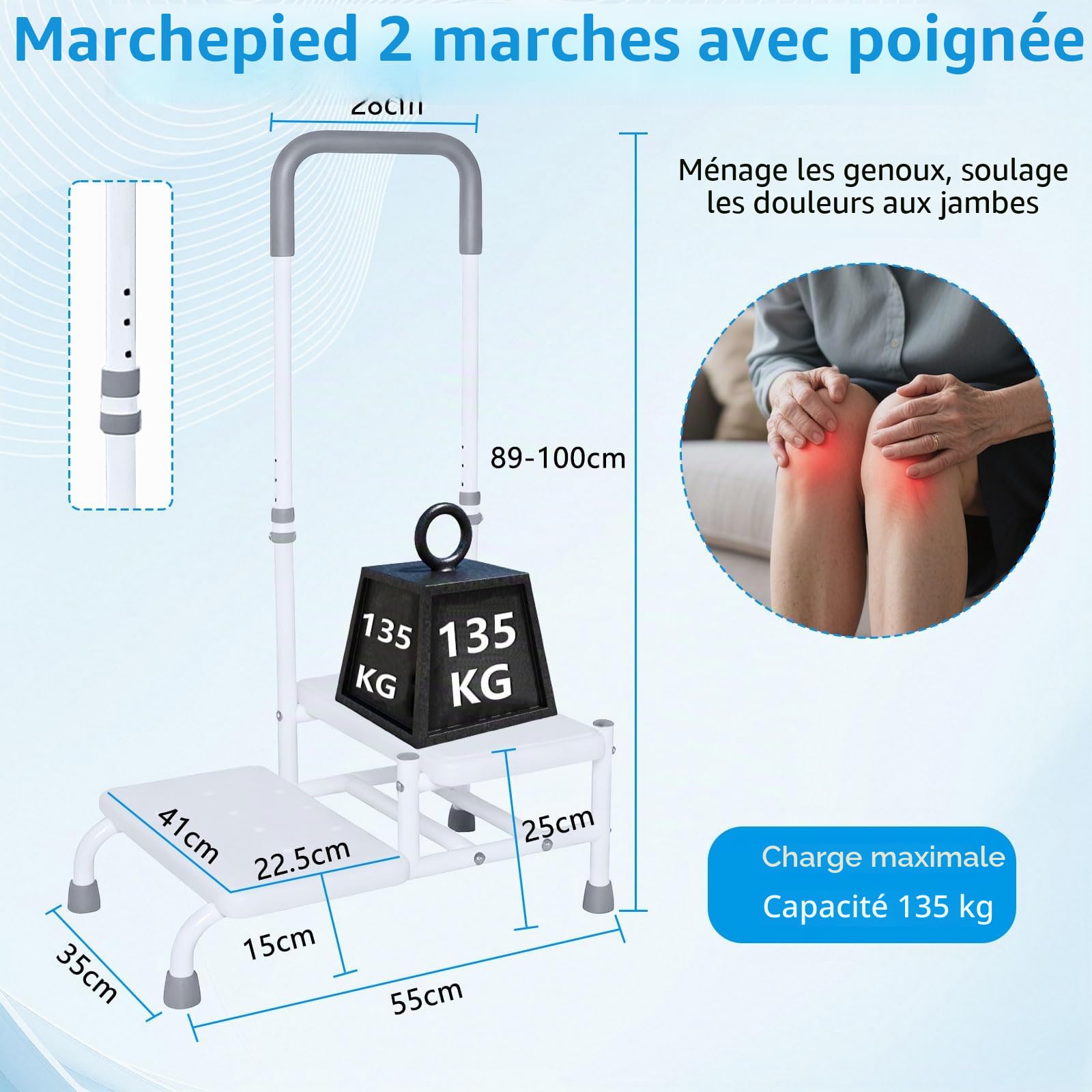 Marchepied de bain à 2 niveaux avec poignée, marches de bain pour entrer et sortir de la baignoire, marches robustes pour personnes âgées, 5 niveaux de réglage de la hauteur, supporte jusqu'à