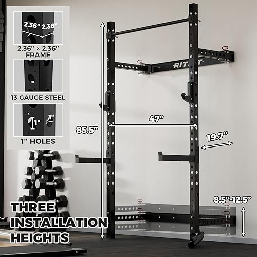 Miniatura 3 de RitFit Estante plegable multifuncional para gimnasio en casa, estante de sentadillas montado en la pared de 2.36 x 2.36 pulgadas con accesorios,