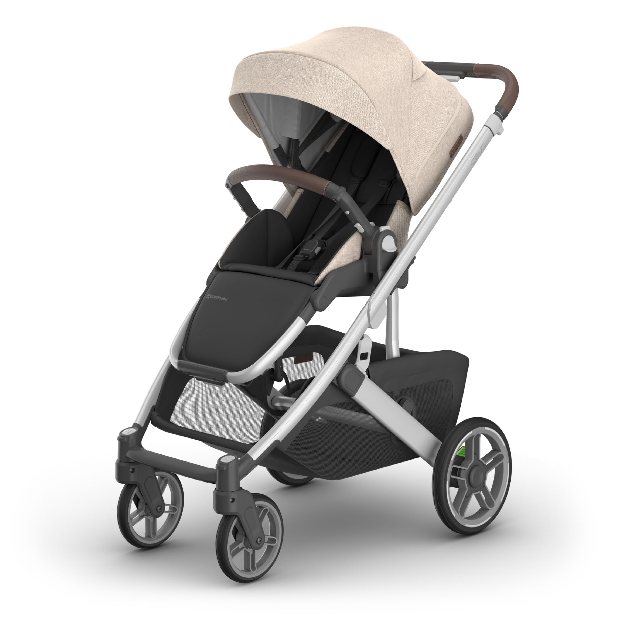 Cochecito UPPAbaby Cruz V3 desde el nacimiento. Compatible con asiento de automóvil. Asiento reversible de tamaño completo. Inserto para bebé. Protectores contra insectos y lluvia incluidos. Marco plateado Declan Oat Melange. Cuero castaño.