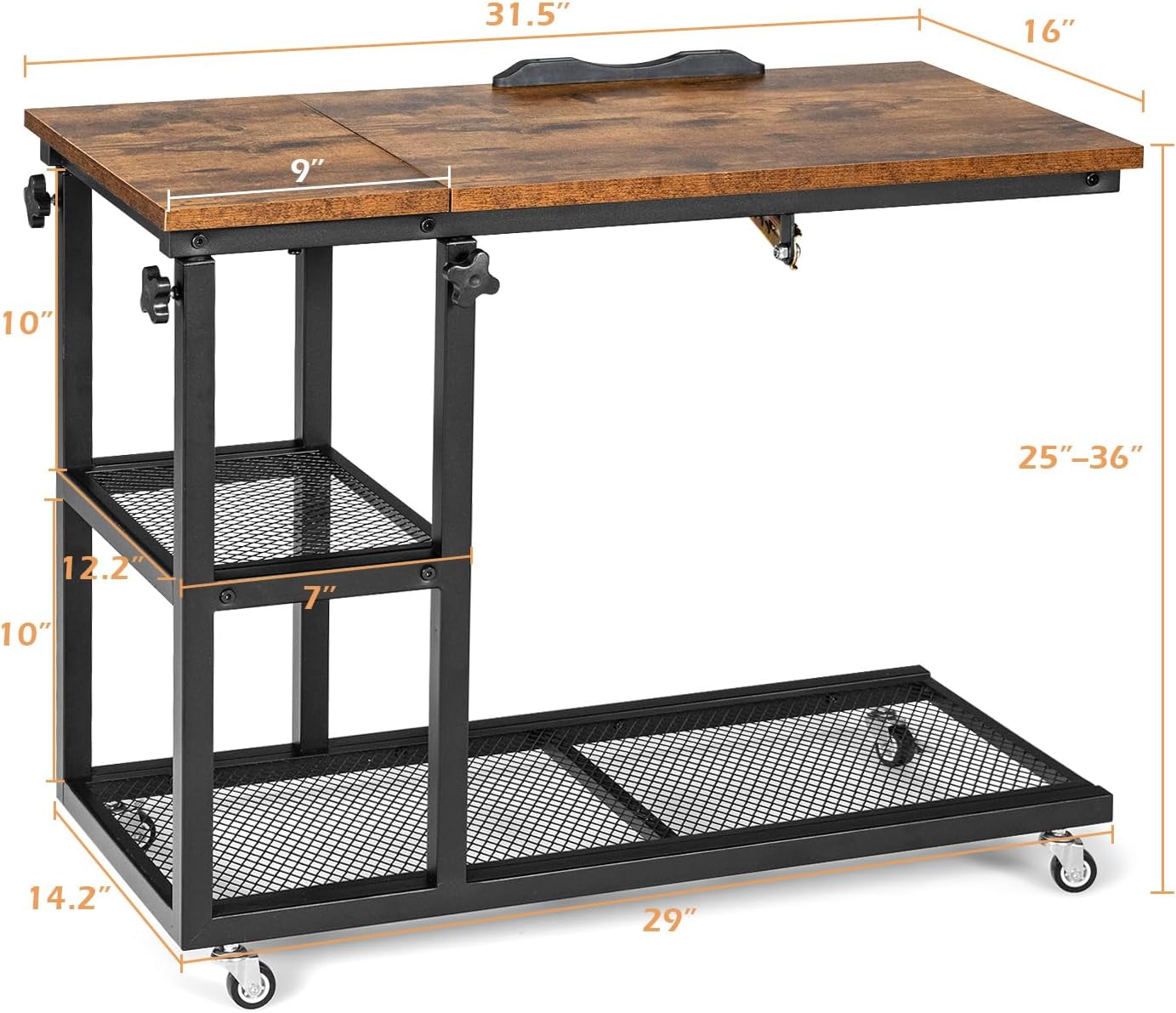 LUARANE C Shaped End Table, Height Adjustable Side With Lockable Wheels, Rolling Sofa With Tiltable Tabletop Storage Shelves, Mobile Couch for Living Room Bedroom (Rustic Brown)