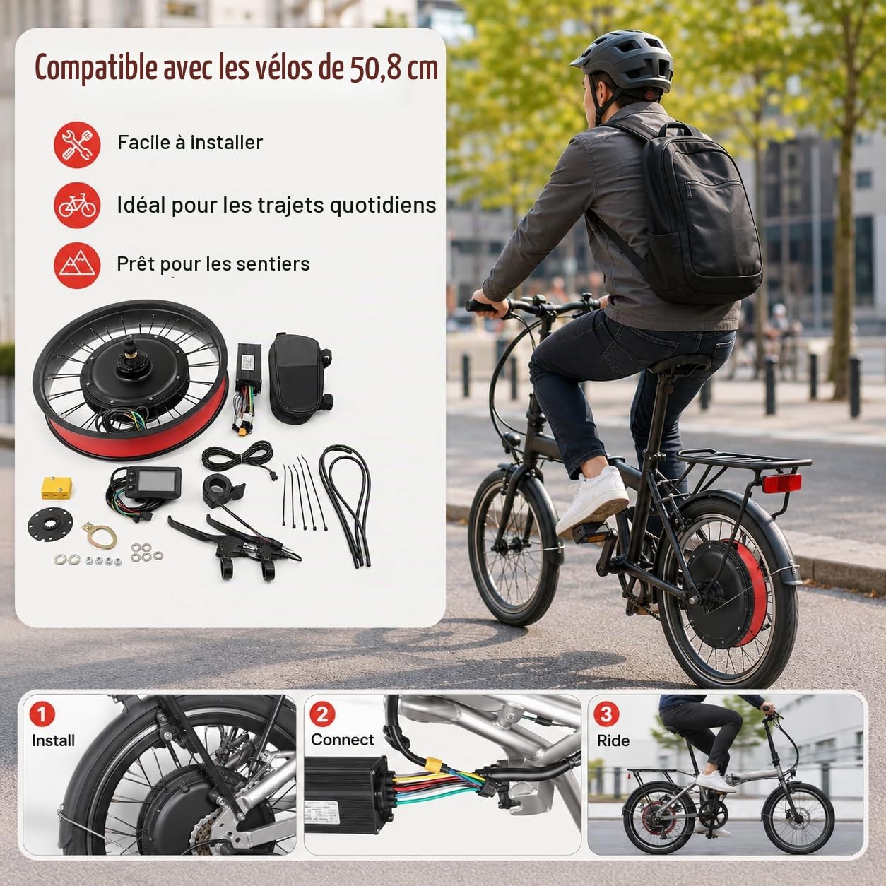 Kit Conversion Vélo Électrique 20 Pouces 48V 1000W, Moteur Roue Arrière sans Balais, Kit E Bike avec Écran LCD, Contrôleur 30A, Capteur PAS, Accélérateur au Pouce, Frein à Disque, Sans Batterie