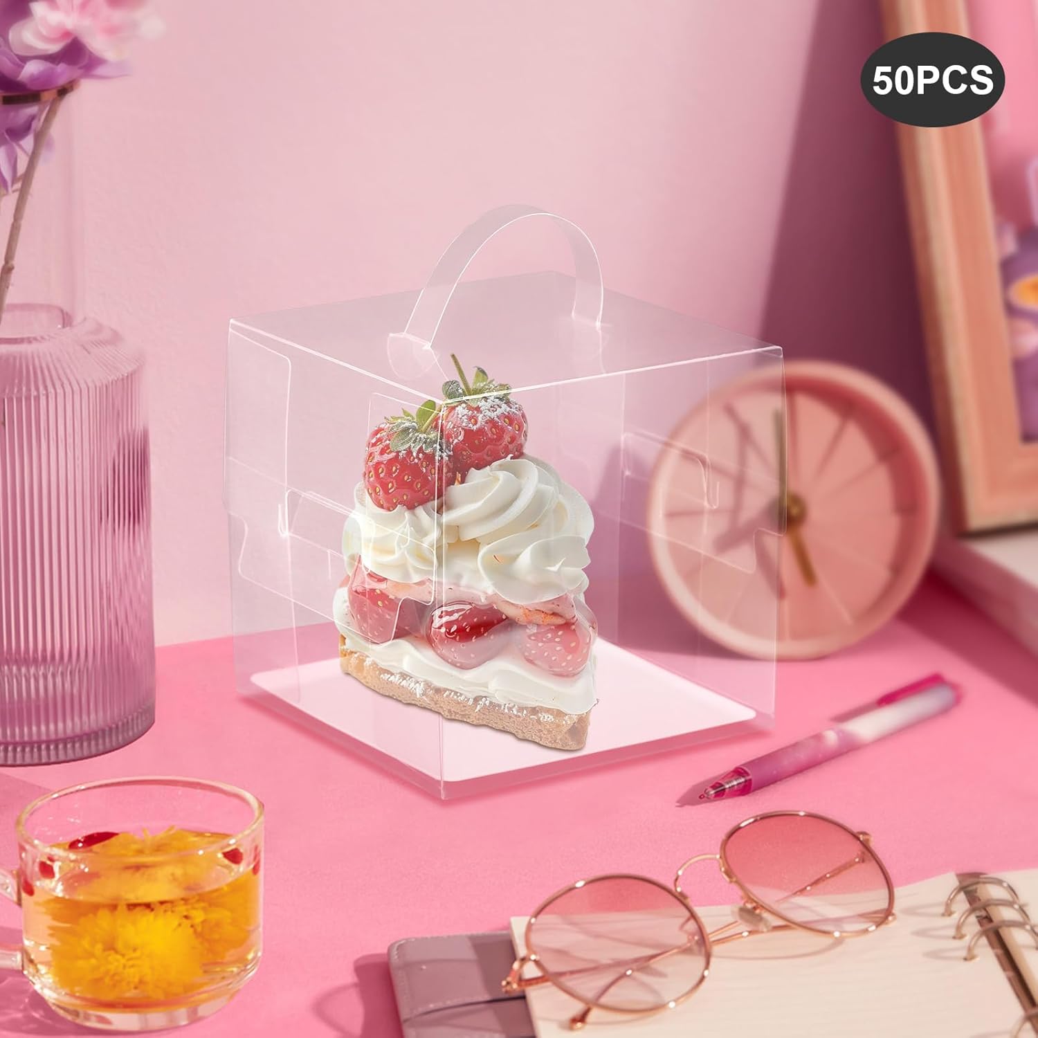 50Pcs Clear Cake Boxes, Mini Cupcake Boxes Cake Carrier Box with Lid and Handle Square Dessert Boxes 50 Sets Square Clear Cake Boxes for Birthday Wedding Home Party Hotel (4.33*4.33*4.33in)