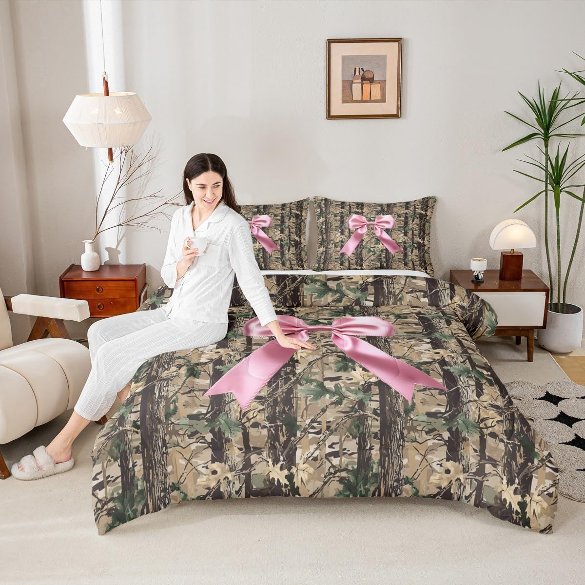 Erosebridal Bowknot Comforter Set Queen Size Camo Bedding Set for Kids Girls Boys Hunting Woodland Bow Ribbon Wildlife Deer Comforter Brown Pink Warm Soft Duvet Quilt