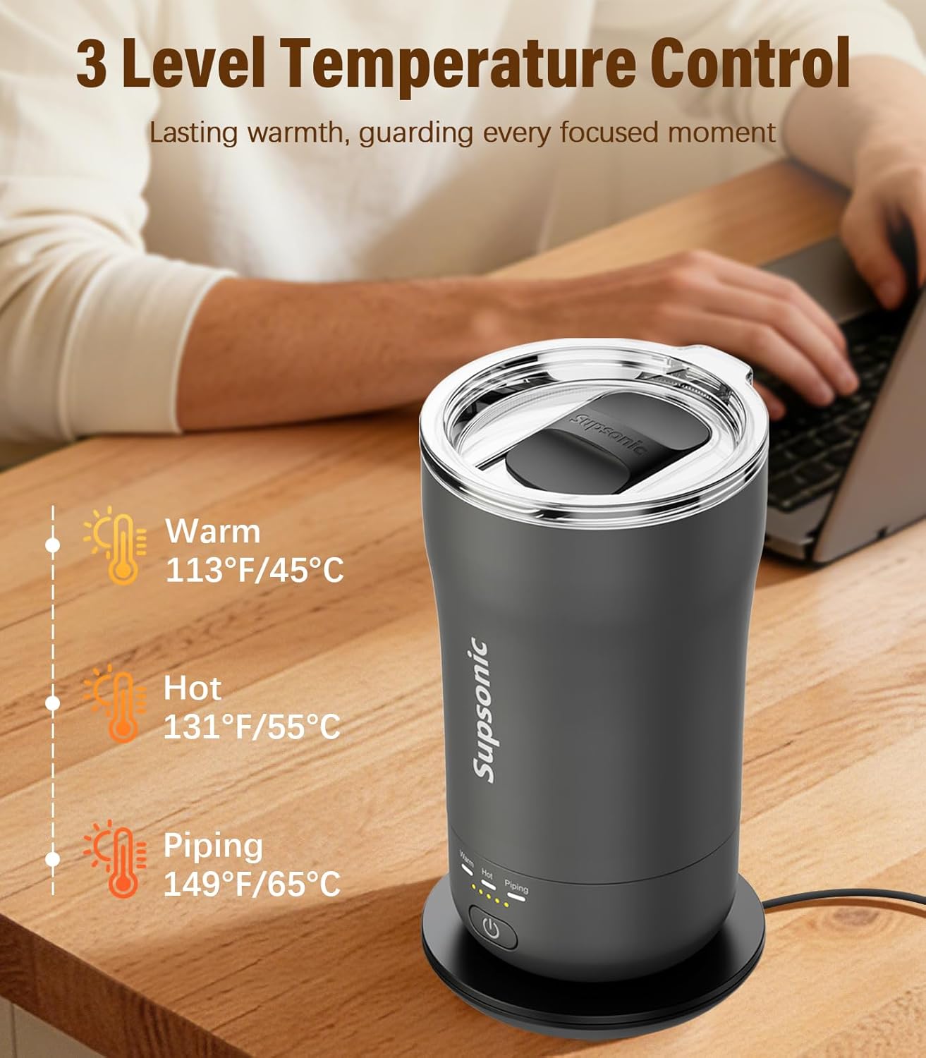 Supsonic - 14oz Heated Coffee Mug, Self-Heating Travel Mug with 3-Temp Settings, Insulated Stainless Steel Constant Temperature Heating Mug for Beverage, Smart Heating Portable Coffee Mug | S1