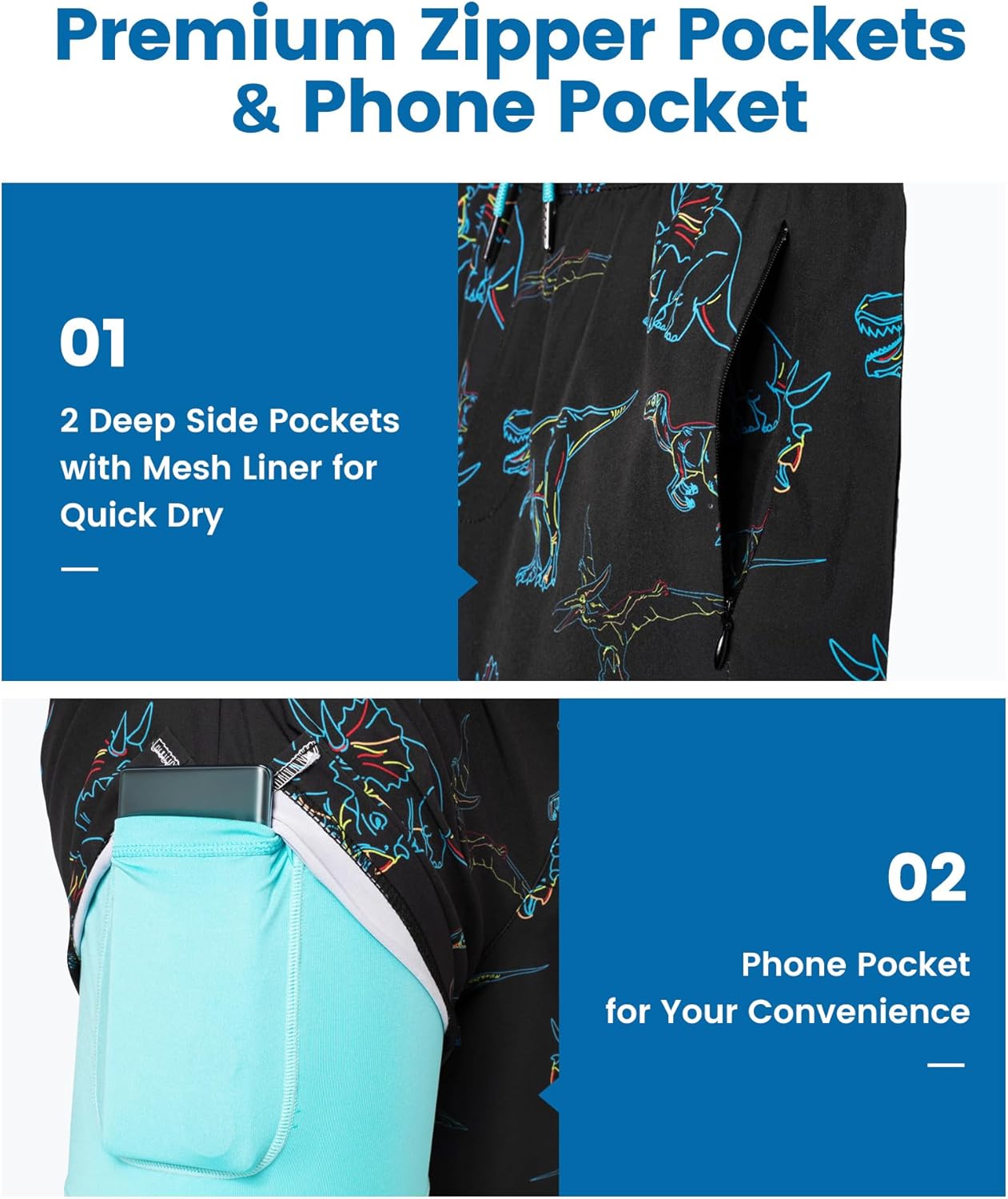 maamgic Mens Swim Trunks with Compression Liner 5 Inch, Quick Dry Bathing Suit with Zipper Pockets, No-Chafing Swim Shorts