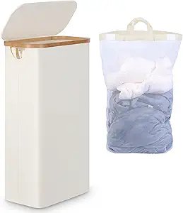efluky Slim Laundry Hamper with Lid, Narrow Laundry Hamper with Removable Bags, Collapsible Dirty Clothes Basket with Handles for Bathroom, Bedroom & Laundry Room, 63L Beige