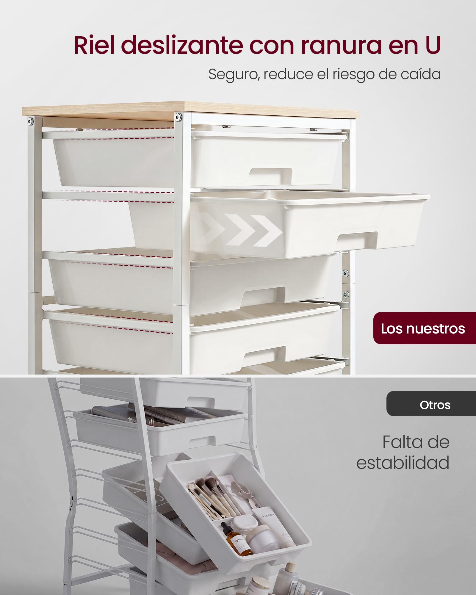 VASAGLE Carrito de Almacenamiento con 8 Cajones, Organizador con Ruedas, Carrito Auxiliar con Tablero de Madera, 39,5 x 28,5 x 76.5 cm, para Oficina, Salón, Blanco, Colección BENCO LRC006W101