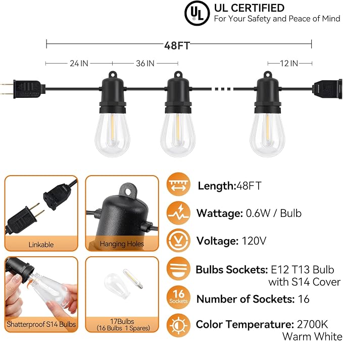 Lámparas de cadena LED outdoor 48FT templado resistente IP44 miniatura 6