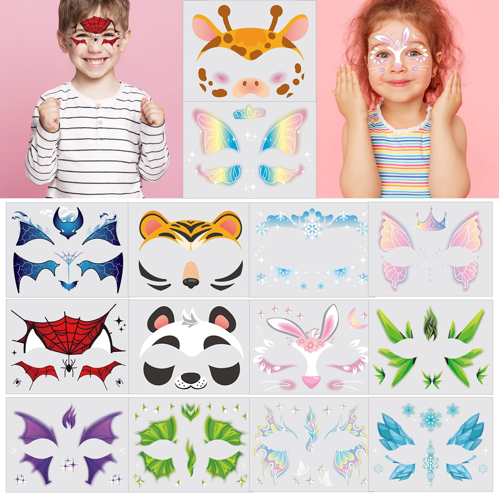Face Temporary Tattoos for Kids Halloween, 14 Sheets Superheroes Animal Tiger Panda Elk Butterfly Ice Snow Dinosaur Bat Tattoo Stickers for Girls Boys Birthday Party Favors Makeup Supplies