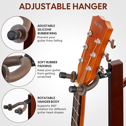 Vista 25 de Soporte para guitarra – 7 soportes de madera, diseño plegable para exhibición de guitarra clásica, acústica, eléctrica y bajo
