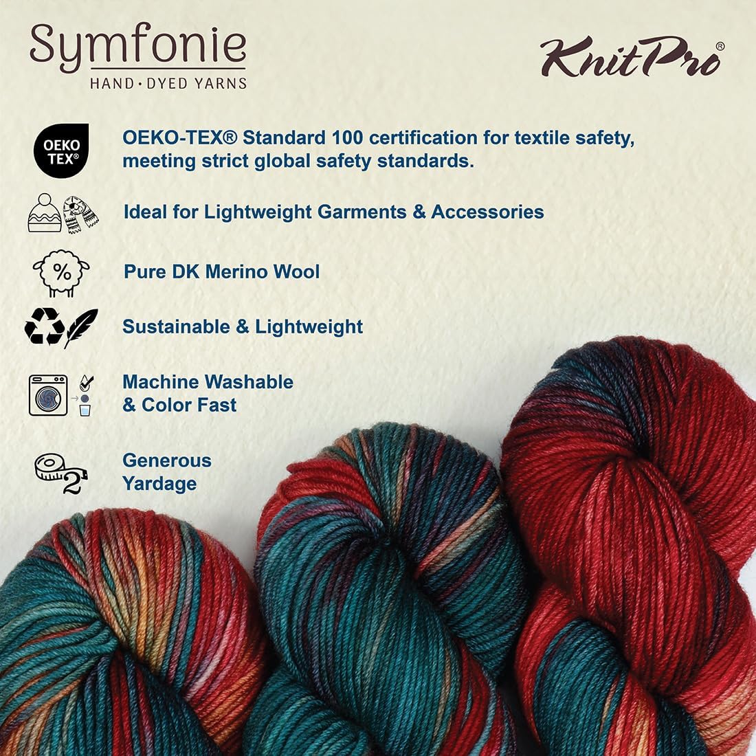 KnitPro Symfonie Premium Hand Dyed Yarn | 100% Extra Fine Merino Wool for Knitting & Crocheting, DK Weight, Oeko-TEX Certified, Colorfast Fiber 220m, 100g Skein | Viva Variegated Old Delhi