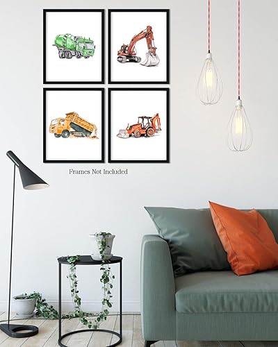 Miniatura 5 de Arte de pared de vehículos de construcción para dormitorio de niño, juego de 4 decoración moderna de habitación de bebé para niños, arte de pared