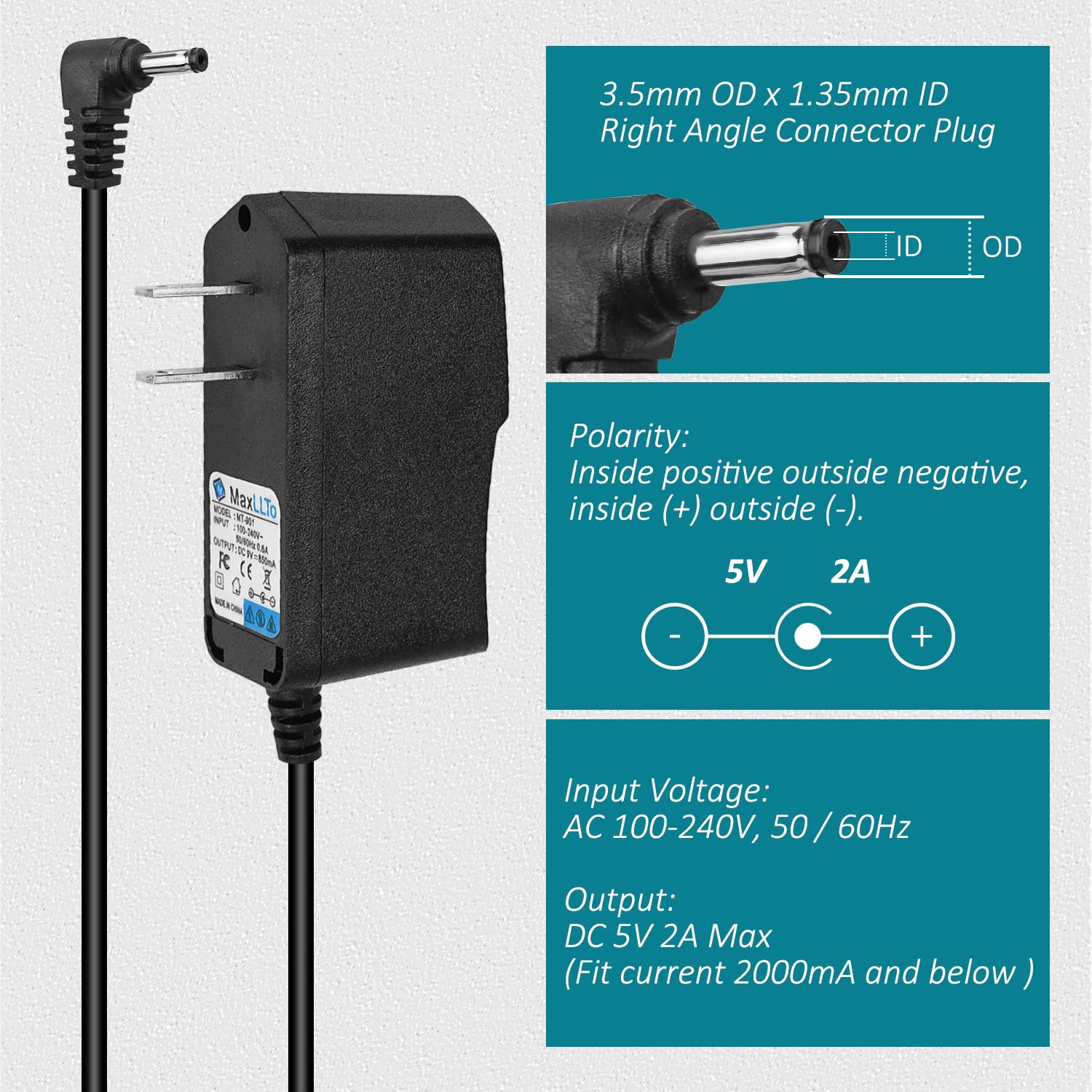 Adattatore di alimentazione CA 5 V 2 A con connettore da 3,5 mm x 1,35 mm, adattatore di alimentazione per tablet, router wireless, interruttori, hub USB, Android TV Box, telecamere di sicurezza IP