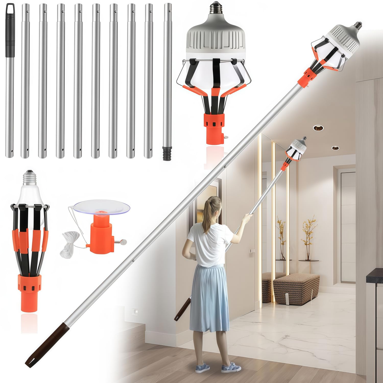 High Ceiling Light Bulb Changer with Pole,Light Bulb Removal Tool for Household (Orange)