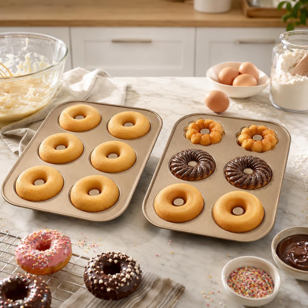 Donut Pans for Baking, 2-Pack 6-Cavity Nonstick Carbon Steel Doughnut Pans, Round and Decorative Shapes, Gold