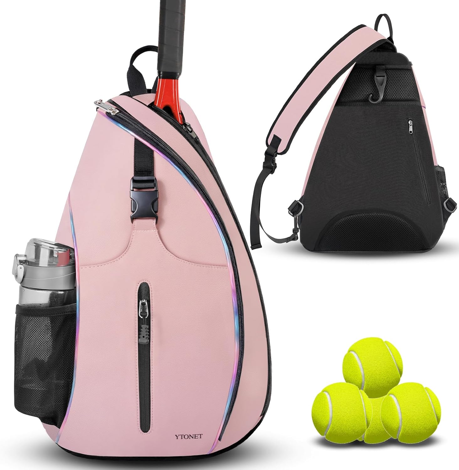 Ytonet Tennis Bag, Tennis Sling Backpack Crossbody Water Resistant for Men Women, Holds Tennis Badminton Pickleball Rackets Large Light Pink