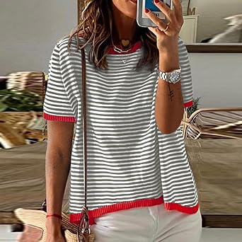 Summer Tops for Women Casual Crewneck Short Sleeve Shirts Striped Color Block Knitted T Shirt Trendy Going Out Tops